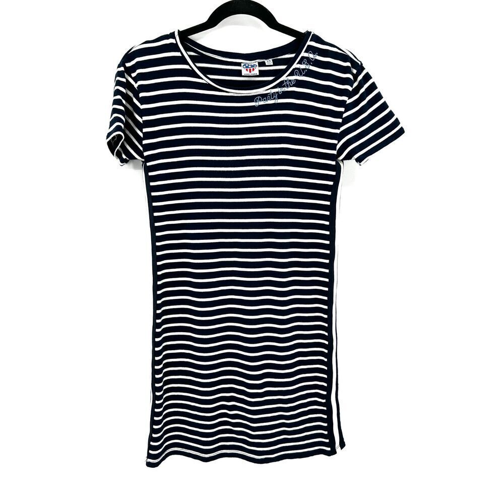 JUNK FOOD Navy Blue White Striped "Party In The USA" T-Shirt Mini Dress Size XS
